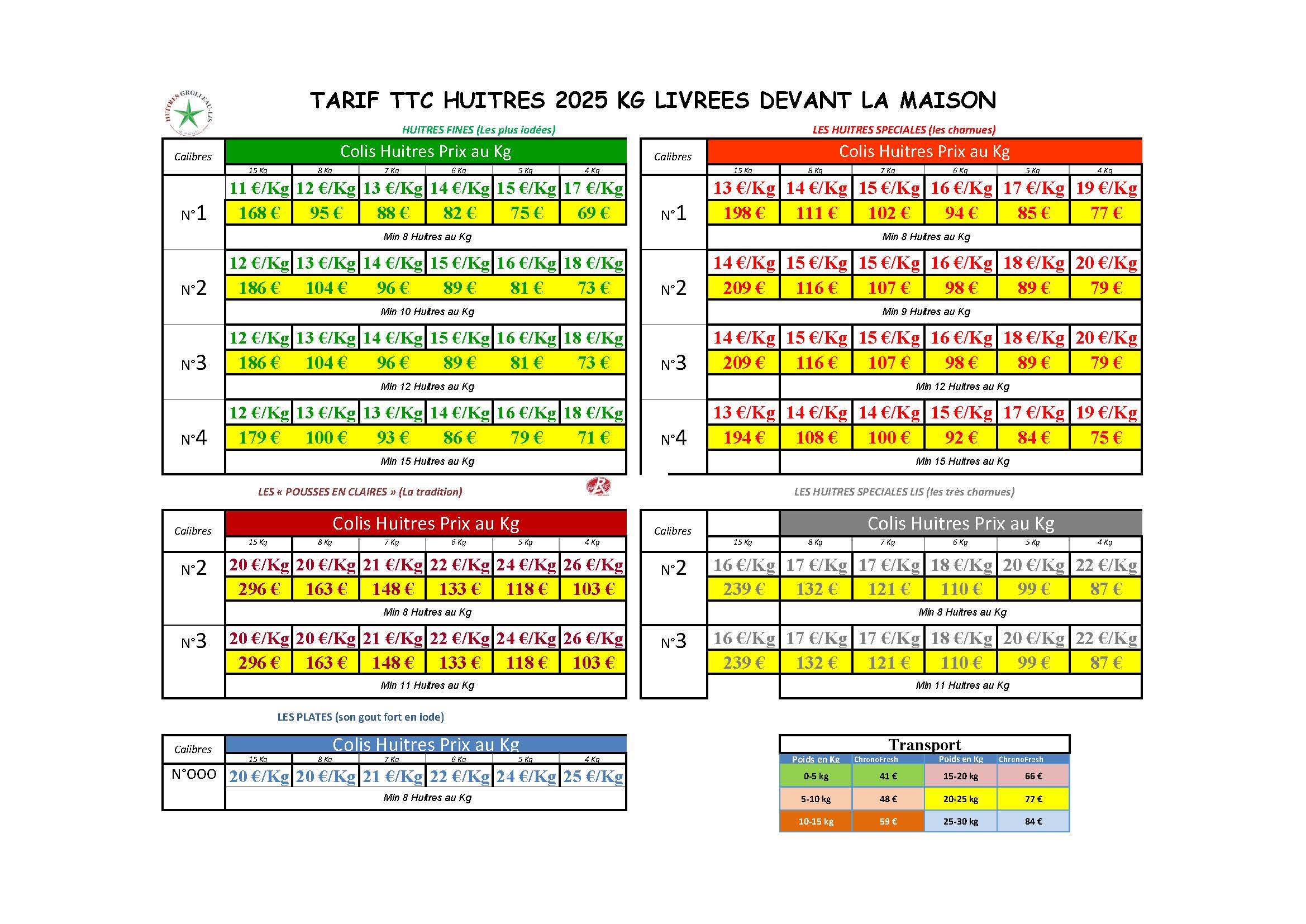Tableau indiquant les tarifs La page des Tarifs-huitres-grolleau-lis.com